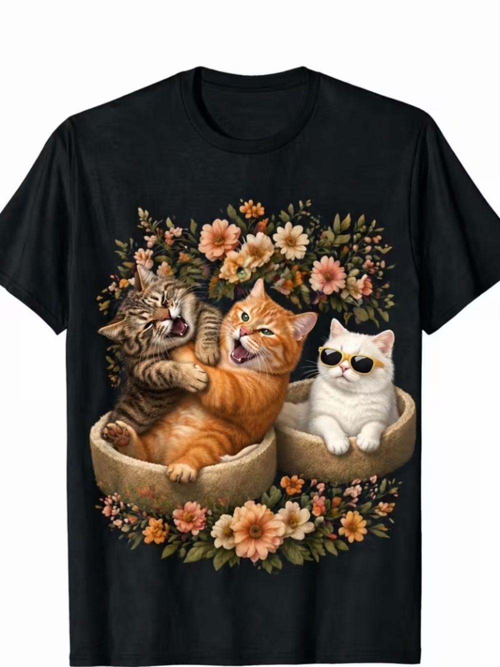 Three Cats Floral Black Graphic T-Shirt XXXL 3X Cat Lover Tee